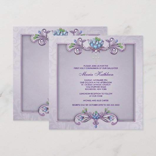 Paarse Damask Cross Meisjes Eerste Communie Kaart (Voorkant / Achterkant)