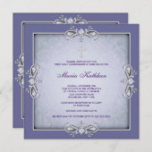 Paarse Damask Cross Meisjes Eerste Communie Kaart (Voorkant / Achterkant)