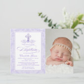 Paarse Damask Cross Meisjes Fotodoopuitnodiging Kaart (Staand voorkant)