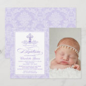 Paarse Damask Cross Meisjes Fotodoopuitnodiging Kaart (Voorkant / Achterkant)