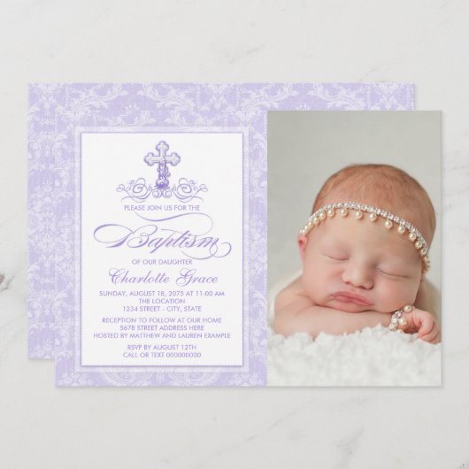 Paarse Damask Cross Meisjes Fotodoopuitnodiging Kaart (Voorkant / Achterkant)