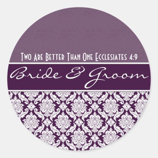 Paarse Damask Damask Trouwgunsten Ronde Sticker (Voorkant)
