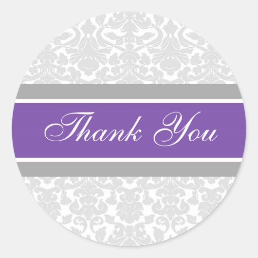 Paarse Damask Dank u bruiloft envelop afdichtingen Ronde Sticker (Voorkant)