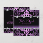 Paarse Damask & Diamond Bat Mitzvah Uitnodigen Kaart (Voorkant / Achterkant)