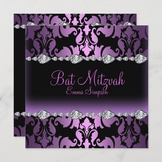 Paarse Damask & Diamond Bat Mitzvah Uitnodigen Kaart (Voorkant / Achterkant)