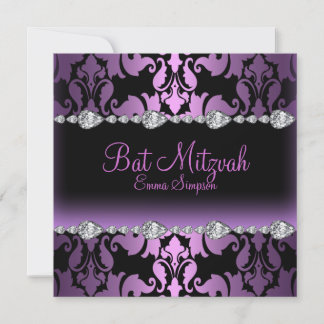 Paarse Damask & Diamond Bat Mitzvah Uitnodigen Kaart