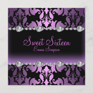 Paarse Damask & Diamond Sweet Sixteen Uitnodigen Kaart