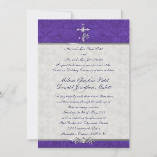 Paarse Damask Double Ceremony Wedding Invitation Kaart (Voorkant)