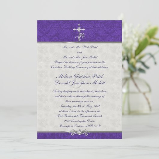 Paarse Damask Double Ceremony Wedding Invitation Kaart (Staand voorkant)