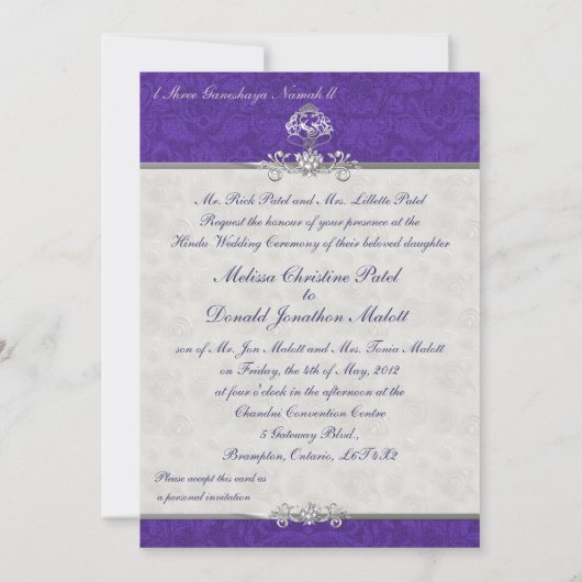 Paarse Damask Double Ceremony Wedding Invitation Kaart (Achterkant)