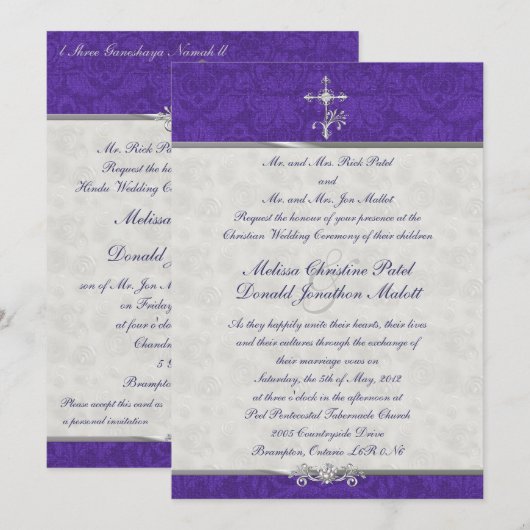 Paarse Damask Double Ceremony Wedding Invitation Kaart (Voorkant / Achterkant)
