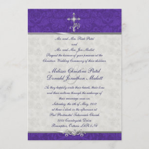 Paarse Damask Double Ceremony Wedding Invitation Kaart