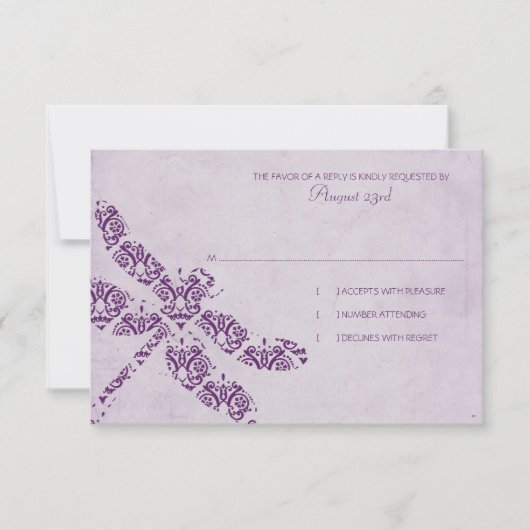 Paarse Damask Dragonfly Wedding RSVP Kaartje (Voorkant)
