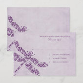 Paarse Damask Dragonfly Wedding RSVP Kaartje (Voorkant / Achterkant)