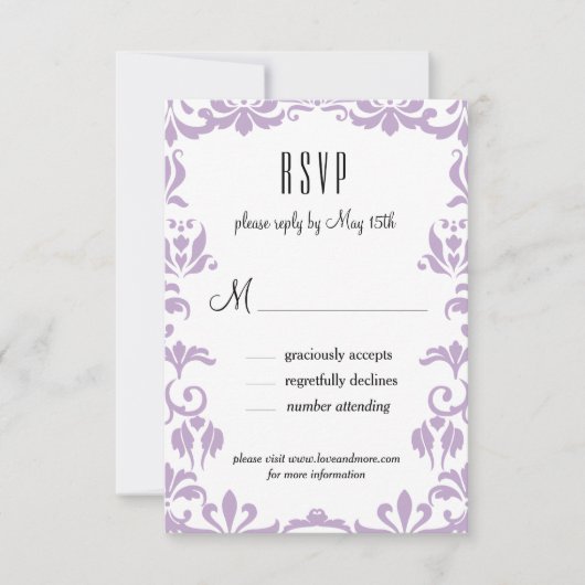 Paarse Damask Elegant Calligraphy RSVP Card (Voorkant)