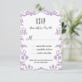Paarse Damask Elegant Calligraphy RSVP Card (Staand voorkant)