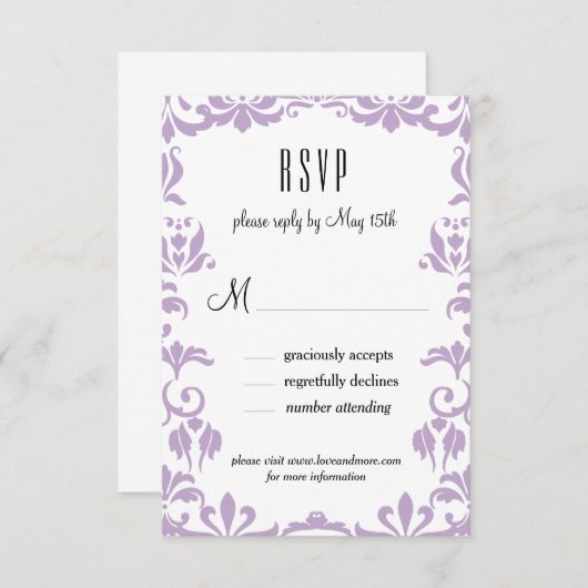 Paarse Damask Elegant Calligraphy RSVP Card (Voorkant / Achterkant)
