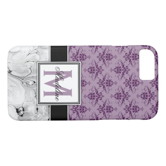 Paarse Damask en Marmeren Monongram Case-Mate iPhone Case (Achterkant (Horizontaal))