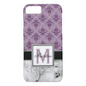 Paarse Damask en Marmeren Monongram Case-Mate iPhone Case (Achterkant)