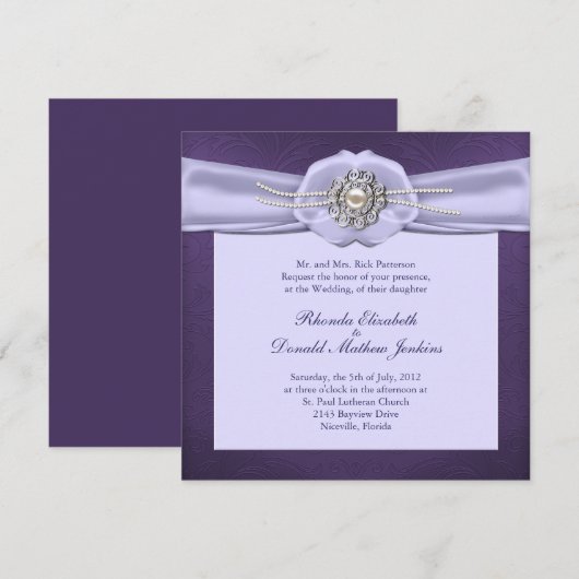 Paarse Damask en Pearls Wedding Invitation Kaart (Voorkant / Achterkant)