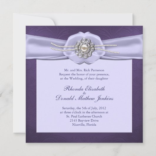 Paarse Damask en Pearls Wedding Invitation Kaart (Voorkant)