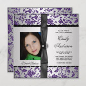 Paarse Damask Foto Sweet 16 Party Kaart (Voorkant / Achterkant)