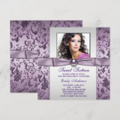 Paarse Damask Foto Sweet Sixteen Verjaardagsfeest Kaart (Voorkant / Achterkant)