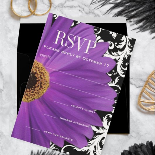 Paarse Damask Gerber Daisy Wedding RSVP Kaart