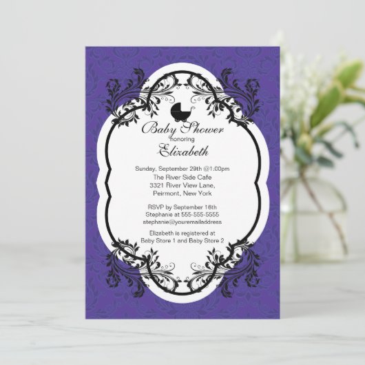  Paarse Damask Girls Baby shower Uitnodiging (Staand voorkant)