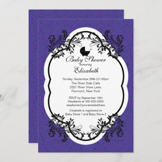  Paarse Damask Girls Baby shower Uitnodiging (Voorkant / Achterkant)