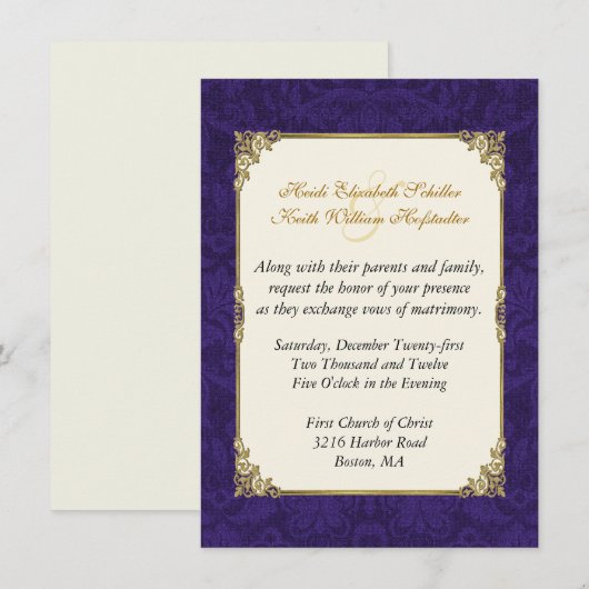 Paarse Damask &  gouden bruiloft uitnodiging (Voorkant / Achterkant)