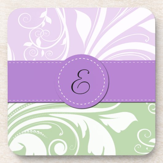 Paarse Damask, Green Damask, Monogram Onderzetter (Voorkant)