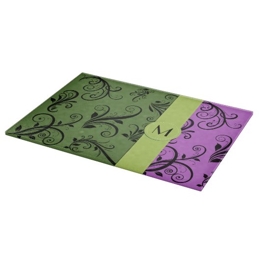 Paarse Damask, Green Damask, Monogram Snijplank (Hoek)