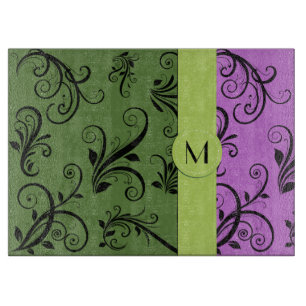 Paarse Damask, Green Damask, Monogram Snijplank
