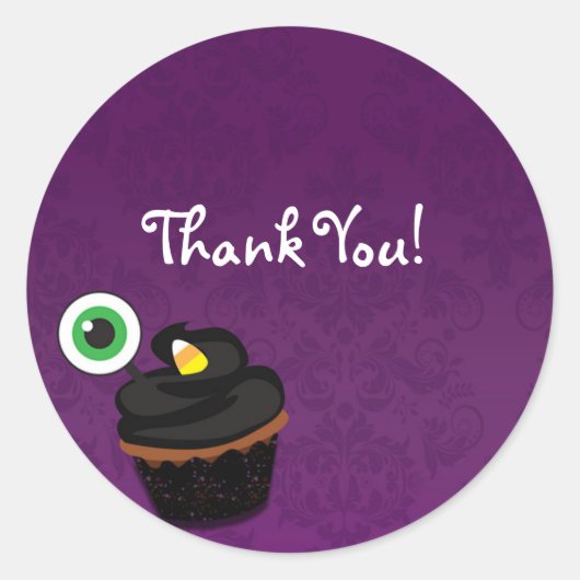 Paarse Damask Halloween Cupcake Party Sticker (Voorkant)