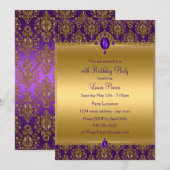Paarse Damask Jewel Birthday Party nodigt uit Kaart (Voorkant / Achterkant)