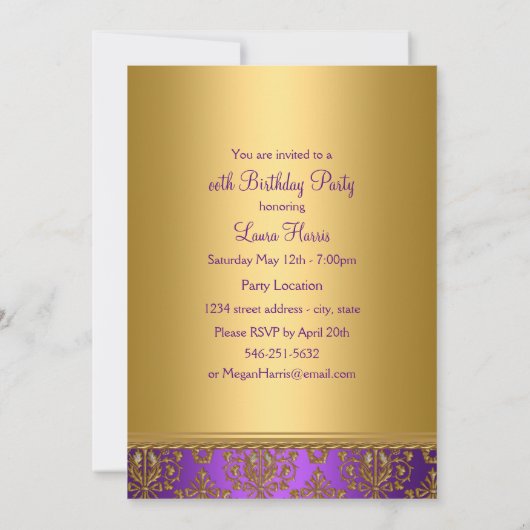 Paarse Damask Jewel Birthday Party 🎉 Uitnodiginge Kaart (Achterkant)