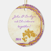 Paarse Damask Lace Gold Persoonlijke naamgeving Or Keramisch Ornament (Links)