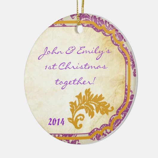 Paarse Damask Lace Gold Persoonlijke naamgeving Or Keramisch Ornament (Links)