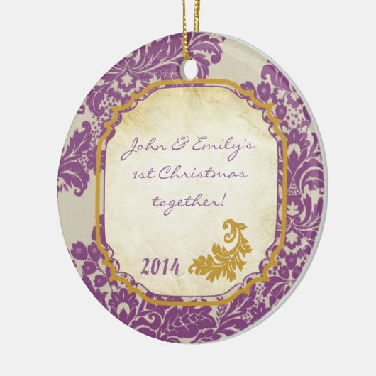 Paarse Damask Lace Gold Persoonlijke naamgeving Or Keramisch Ornament (Links)