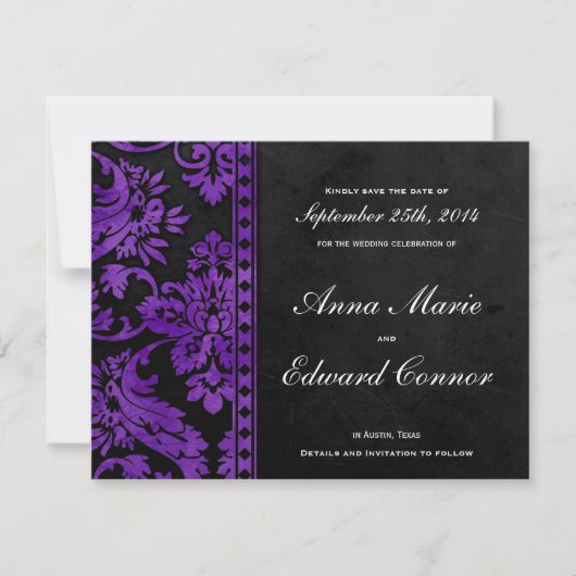 Paarse  Damask Lace sparen de Datum Save The Date (Voorkant)