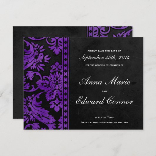 Paarse  Damask Lace sparen de Datum Save The Date (Voorkant / Achterkant)