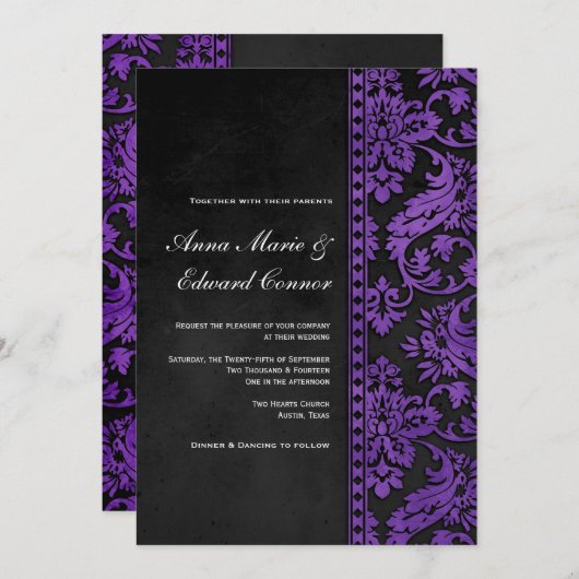 Paarse Damask Lace Wedding Kaart (Voorkant / Achterkant)