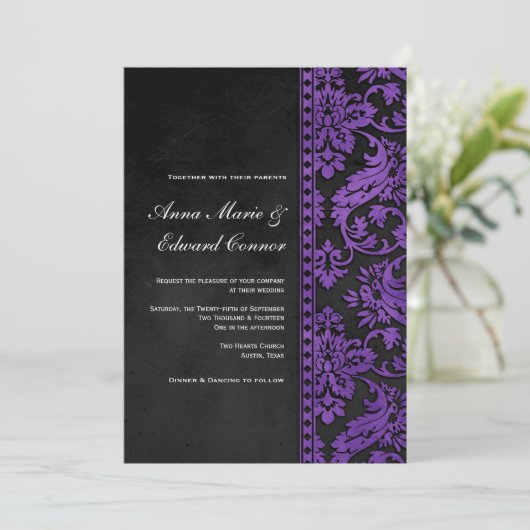 Paarse  Damask Lace Wedding Kaart (Staand voorkant)