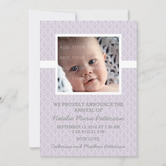 Paarse Damask Lijst Foto Baby aankondiging (Voorkant)