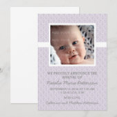 Paarse Damask Lijst Foto Baby aankondiging (Voorkant / Achterkant)