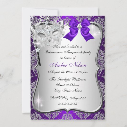 Paarse Damask Masquerade Invite Quinceanera Masque Kaart (Voorkant)