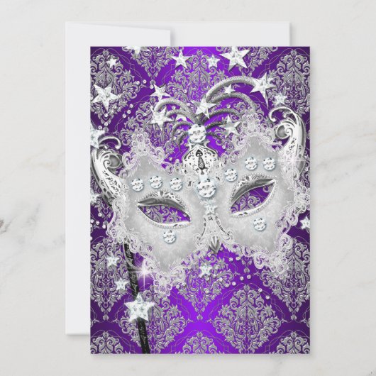 Paarse Damask Masquerade Invite Quinceanera Masque Kaart (Achterkant)