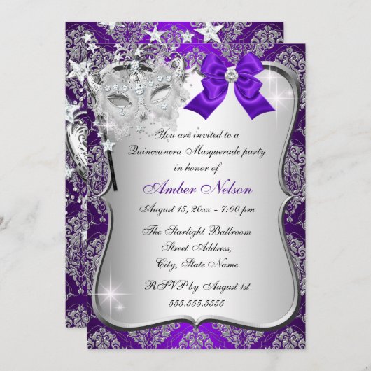 Paarse Damask Masquerade Invite Quinceanera Masque Kaart (Voorkant / Achterkant)