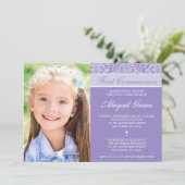 Paarse Damask Meisje Foto Eerste Communie Kaart (Staand voorkant)